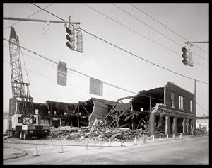 Building during demolition for bridge replacement project, 1988